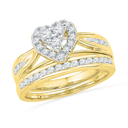 10KT YELLOW GOLD ROUND DIAMOND HEART BRIDAL WEDDING RING BAND SET 1/2 CTTW