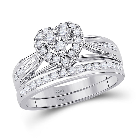 10KT WHITE GOLD ROUND DIAMOND HEART BRIDAL WEDDING RING BAND SET 1/2 CTTW