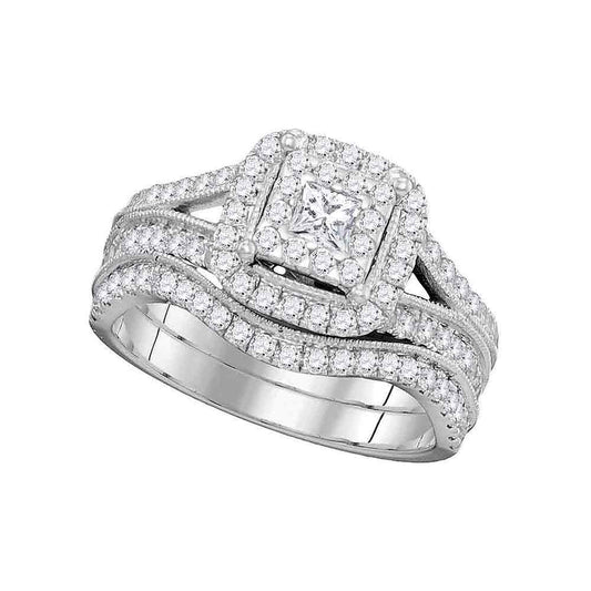 14KT WHITE GOLD PRINCESS DIAMOND BRIDAL WEDDING RING BAND SET 1 CTTW