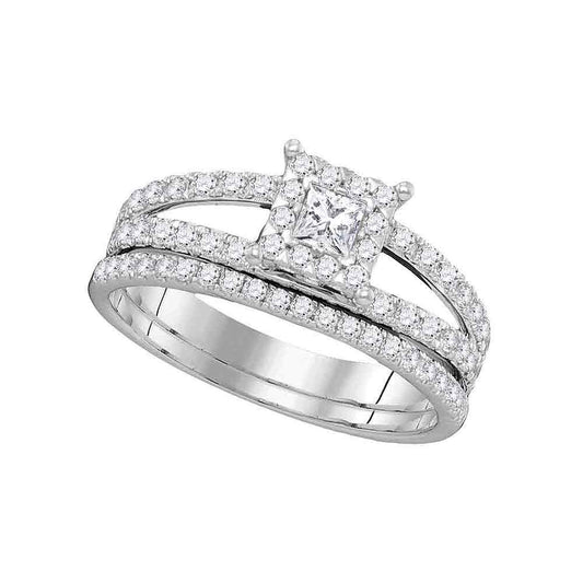 14KT WHITE GOLD DIAMOND PRINCESS BRIDAL WEDDING RING BAND SET 1 CTTW