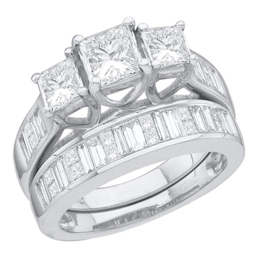 14KT WHITE GOLD PRINCESS 3-STONE DIAMOND BRIDAL WEDDING RING BAND SET 2-1/2 CTTW