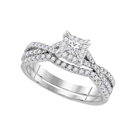 10KT WHITE GOLD ROUND DIAMOND SQUARE HALO BRIDAL WEDDING RING BAND SET 5/8 CTTW