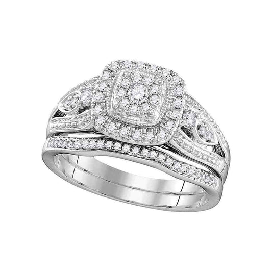 10KT WHITE GOLD ROUND DIAMOND BRIDAL WEDDING RING BAND SET 3/8 CTTW