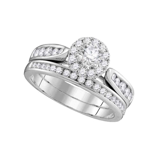 14KT WHITE GOLD DIAMOND ROUND HALO BRIDAL WEDDING RING BAND SET 1 CTTW