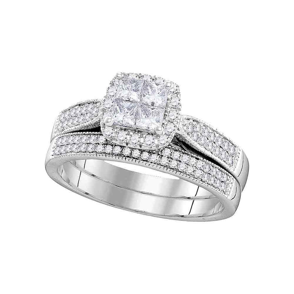 14KT WHITE GOLD PRINCESS DIAMOND HALO BRIDAL WEDDING RING BAND SET 3/4 CTTW