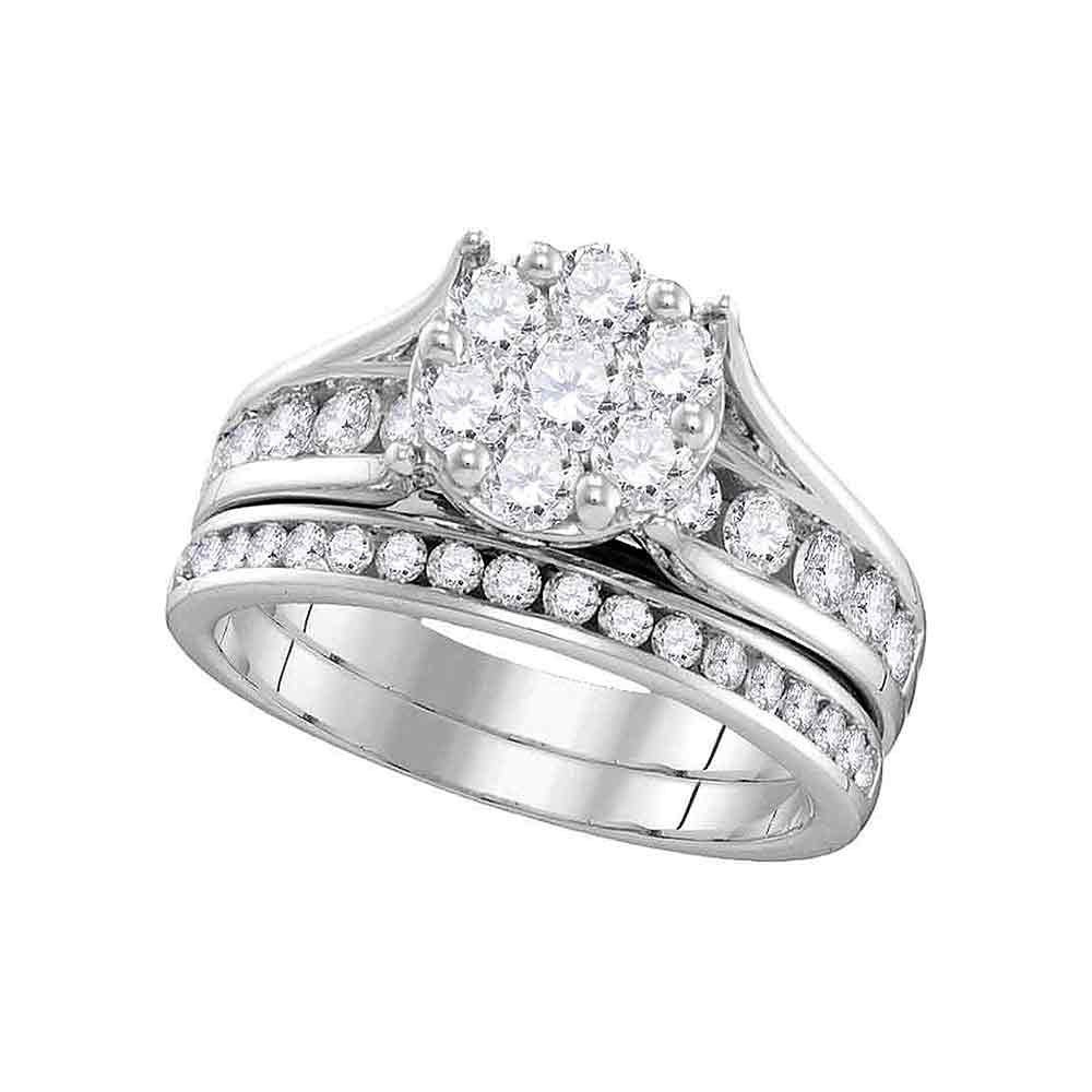 14KT WHITE GOLD ROUND DIAMOND CLUSTER BRIDAL WEDDING RING BAND SET 1-1/2 CTTW