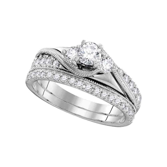 14KT WHITE GOLD ROUND DIAMOND 3-STONE BRIDAL WEDDING RING BAND SET 7/8 CTTW