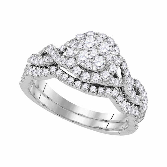 14KT WHITE GOLD DIAMOND CLUSTER BRIDAL WEDDING RING BAND SET 7/8 CTTW