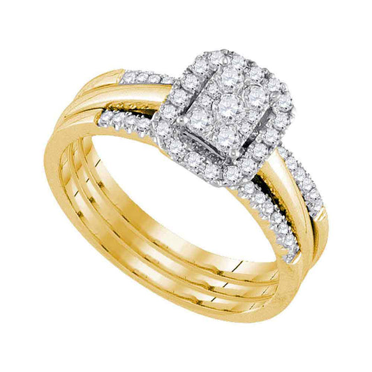 10KT YELLOW GOLD DIAMOND CLUSTER BRIDAL WEDDING RING BAND SET 1/2 CTTW