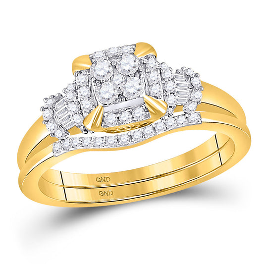 10KT YELLOW GOLD ROUND DIAMOND SQUARE BRIDAL WEDDING RING BAND SET 3/8 CTTW