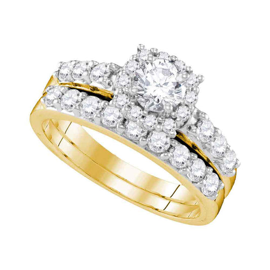 14K YELLOW GOLD ROUND DIAMOND HALO BRIDAL WEDDING RING BAND SET 1-1/2 CTTW