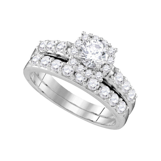 14K WHITE GOLD ROUND DIAMOND HALO BRIDAL WEDDING RING BAND SET 1-1/2 CTTW