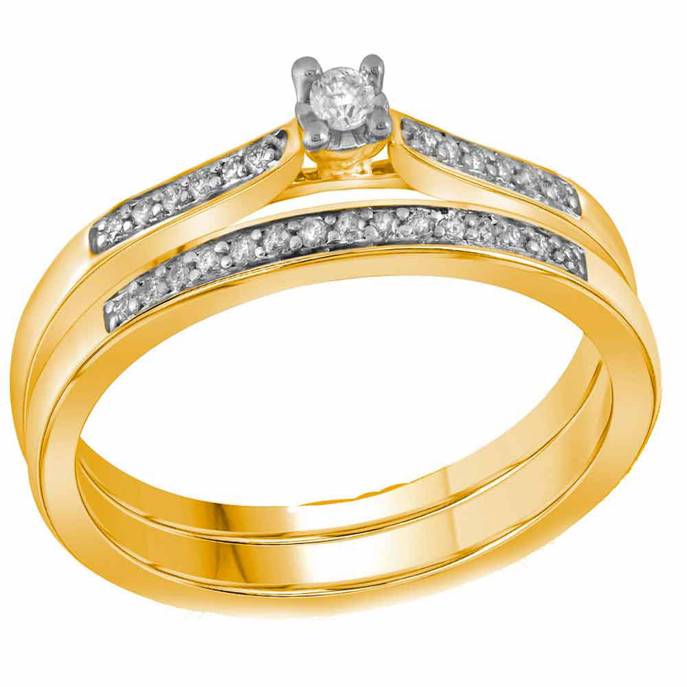 10KT YELLOW GOLD ROUND DIAMOND BRIDAL WEDDING RING BAND SET 1/8 CTTW