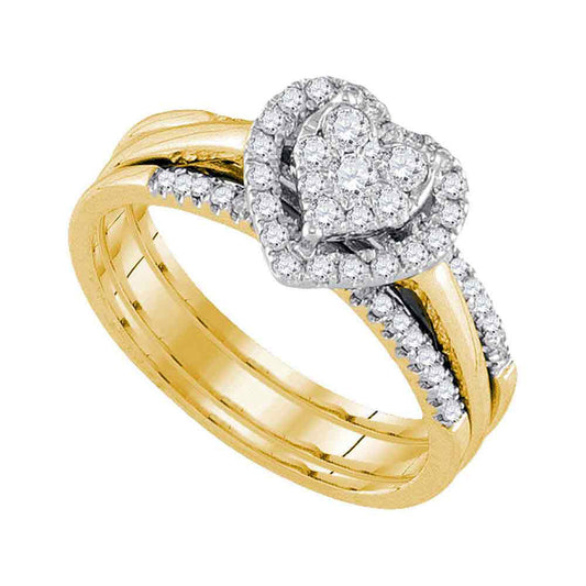 10KT YELLOW GOLD DIAMOND HEART BRIDAL WEDDING RING BAND SET 1/2 CTTW