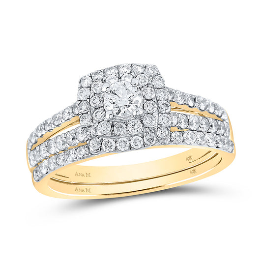 14KT YELLOW GOLD ROUND DIAMOND HALO BRIDAL WEDDING RING BAND SET 1 CTTW