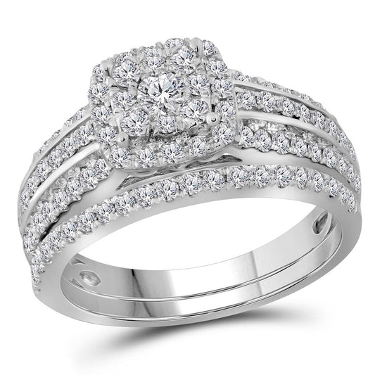 14KT WHITE GOLD ROUND DIAMOND DOUBLE HALO BRIDAL WEDDING RING BAND SET 1 CTTW