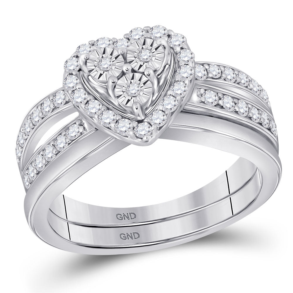 10KT WHITE GOLD DIAMOND HEART BRIDAL WEDDING RING BAND SET 3/4 CTTW