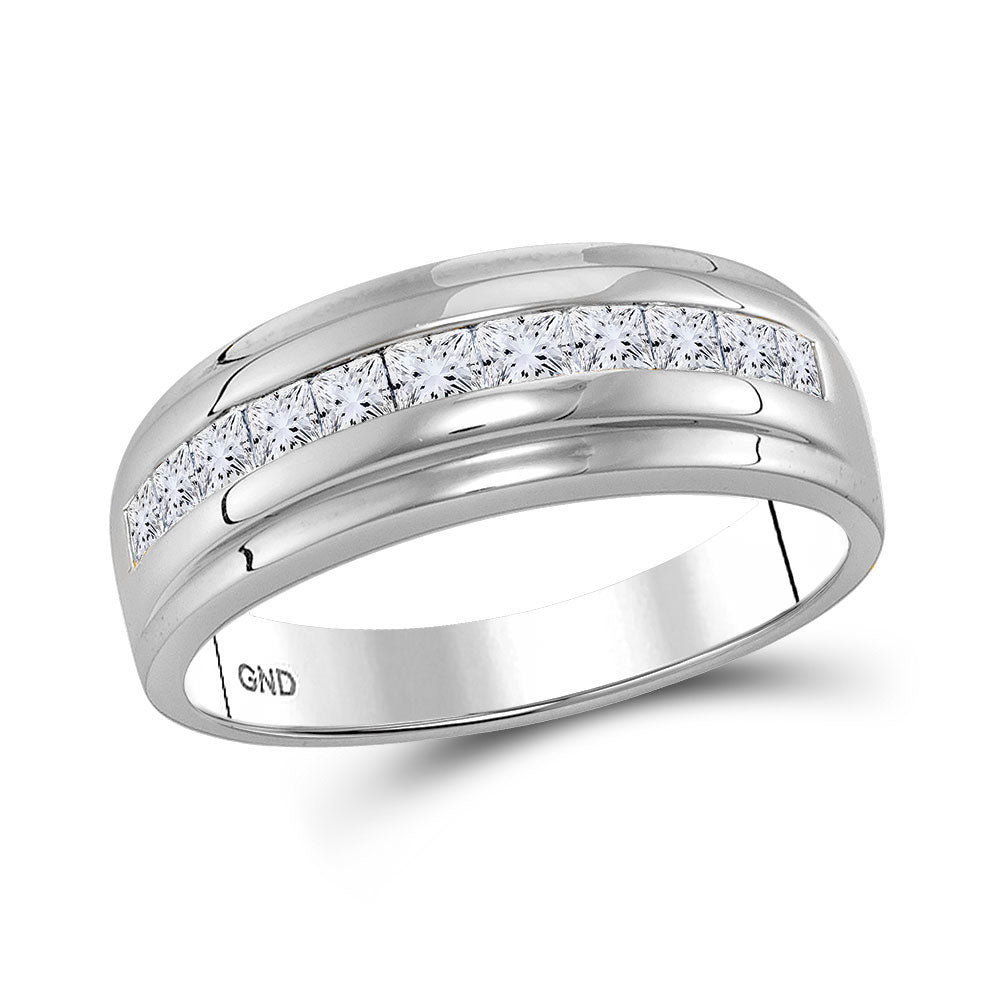 10KT WHITE GOLD MENS PRINCESS DIAMOND SINGLE ROW WEDDING BAND RING 1 CTTW