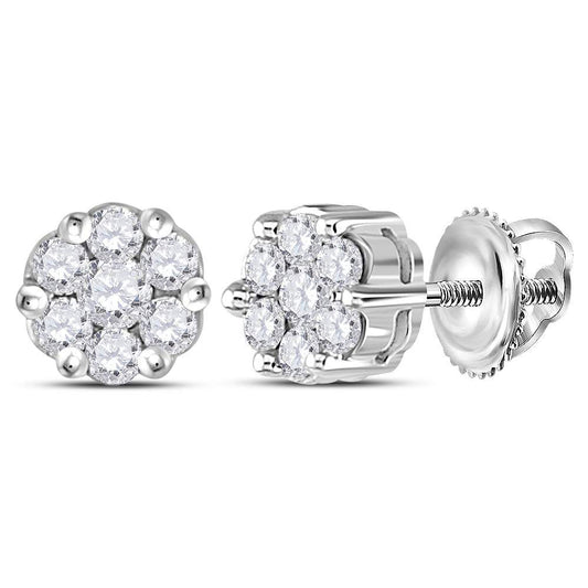 14KT WHITE GOLD WOMENS ROUND DIAMOND FLOWER CLUSTER EARRINGS 1/4 CTTW