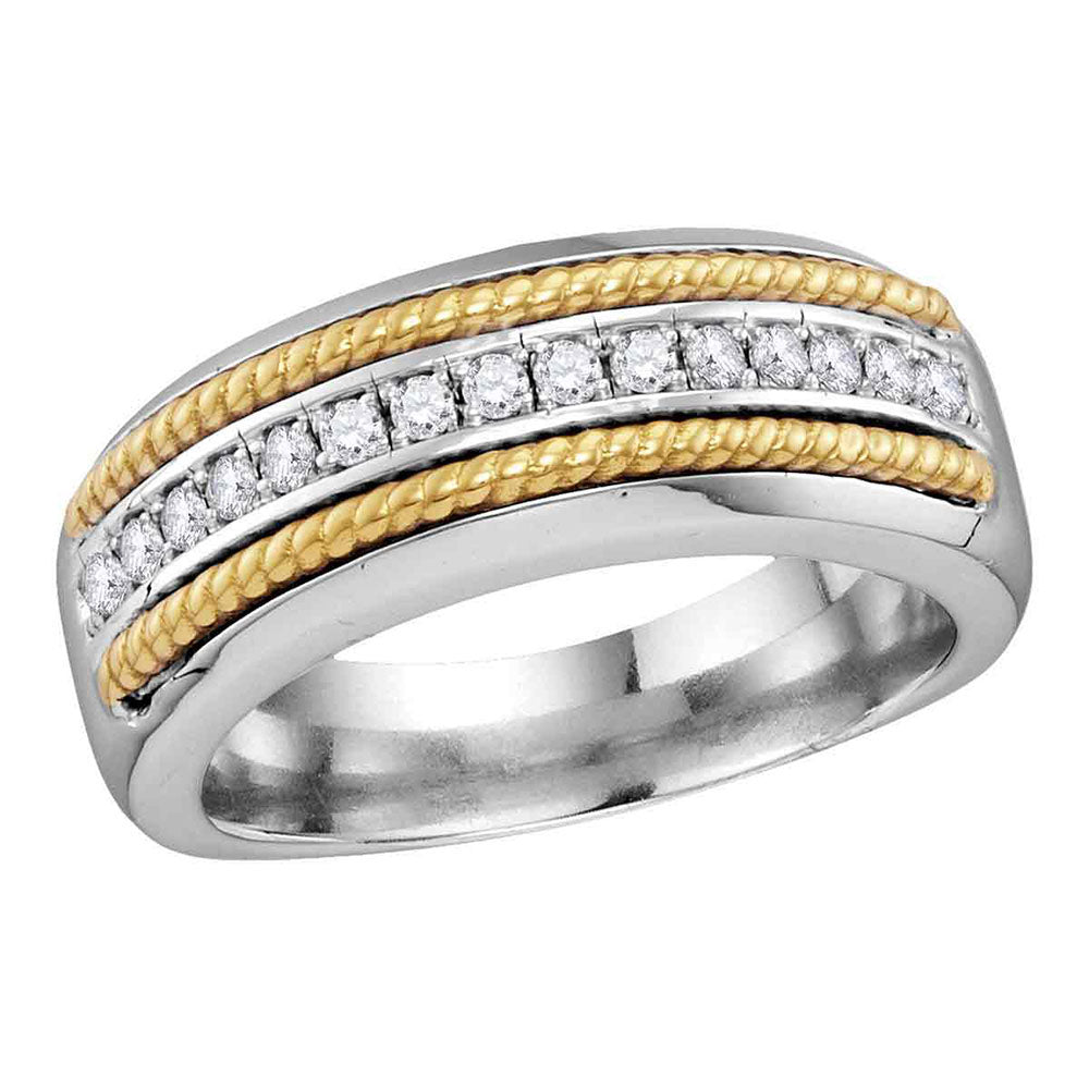 10KT WHITE GOLD MENS ROUND PAVE-SET DIAMOND YELLOW-TONE ROPE WEDDING BAND 1/3 CTTW