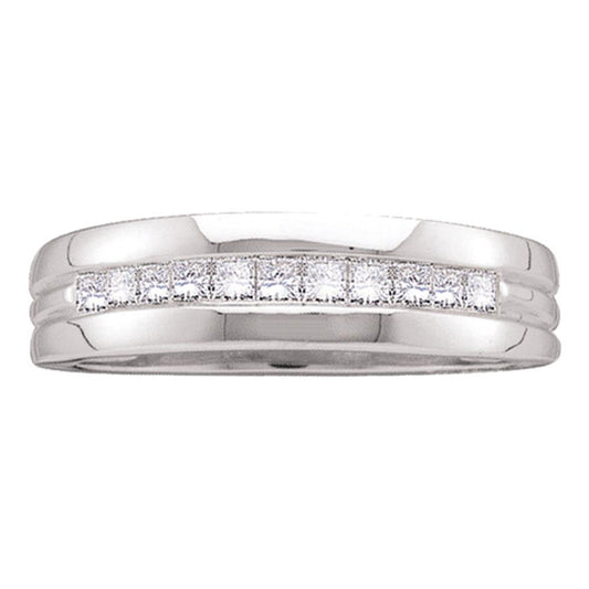 14KT WHITE GOLD MENS PRINCESS CHANNEL-SET DIAMOND SINGLE ROW WEDDING BAND 1/2 CTTW