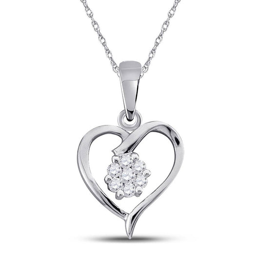 10KT WHITE GOLD WOMENS ROUND DIAMOND FLOWER CLUSTER HEART PENDANT 1/12 CTTW