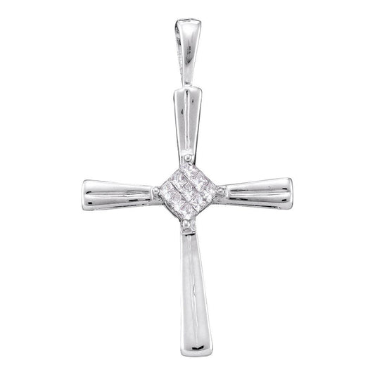 14KT WHITE GOLD WOMENS PRINCESS DIAMOND CROSS PENDANT 1/10 CTTW