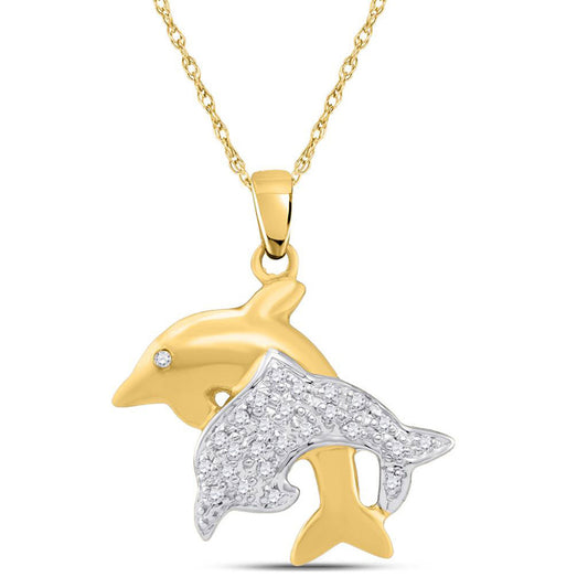 10KT YELLOW GOLD WOMENS ROUND DIAMOND DOUBLE DOLPHIN FISH ANIMAL PENDANT 1/8 CTTW