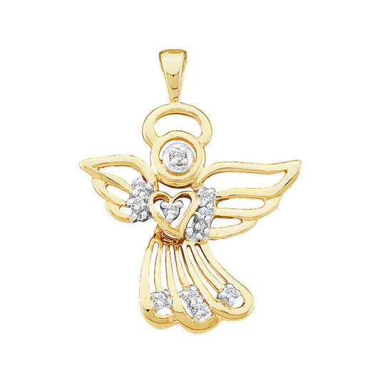 10KT YELLOW GOLD WOMENS ROUND DIAMOND GUARDIAN ANGEL PENDANT 1/10 CTTW