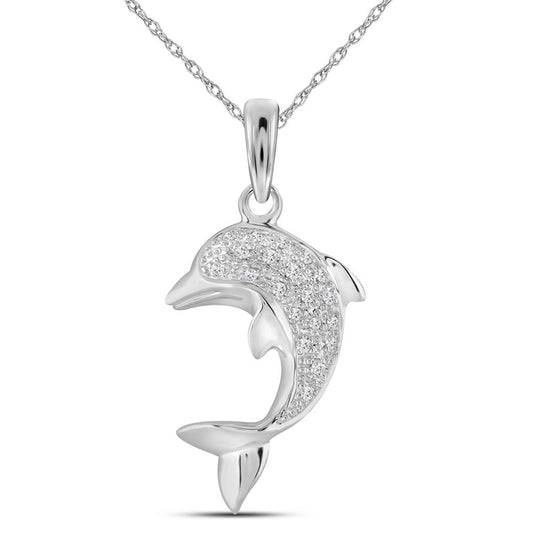 10KT WHITE GOLD WOMENS ROUND DIAMOND DOLPHIN FISH ANIMAL PENDANT 1/10 CTTW