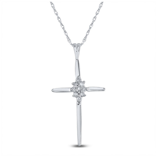 10K WHITE GOLD WOMENS ROUND DIAMOND CLUSTER CROSS PENDANT 1/12 CTTW