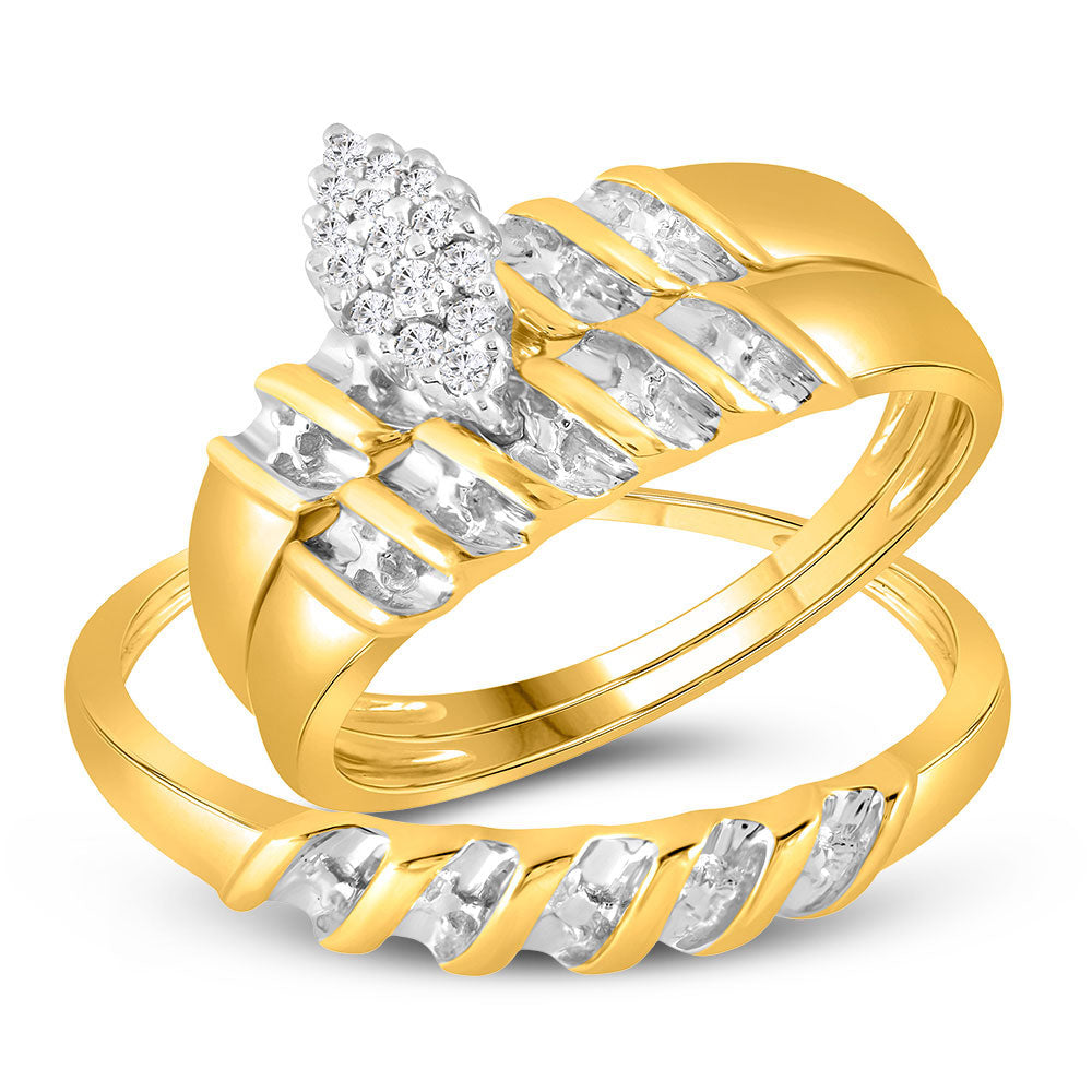 10K YELLOW GOLD DIAMOND MARQUISE-SHAPE CLUSTER BRIDAL WEDDING TRIO MENS WOMENS RING BAND SET