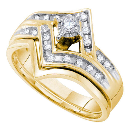 14KT TWO-TONE GOLD ROUND DIAMOND CHEVRON BRIDAL WEDDING RING BAND SET 1/4 CTTW