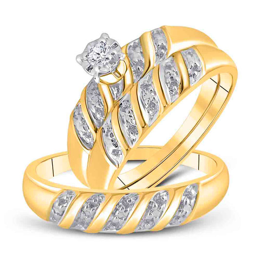 14KT YELLOW GOLD HIS HERS ROUND DIAMOND SOLITAIRE MATCHING WEDDING SET 1/20 CTTW