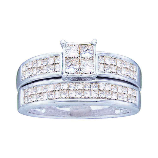 14KT WHITE GOLD PRINCESS DIAMOND BRIDAL WEDDING RING BAND SET 1 CTTW