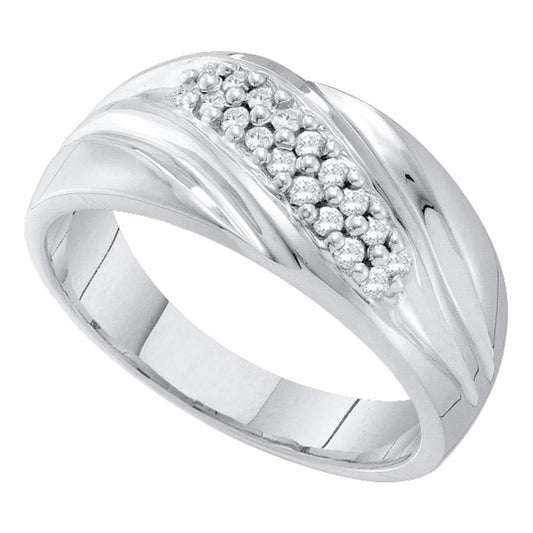 10KT WHITE GOLD MENS ROUND PAVE-SET DIAMOND DIAGONAL DOUBLE ROW WEDDING BAND 1/4 CTTW