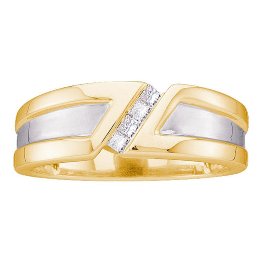 14KT YELLOW GOLD MENS PRINCESS DIAMOND SINGLE ROW TWO-TONE WEDDING BAND RING 1/6 CTTW