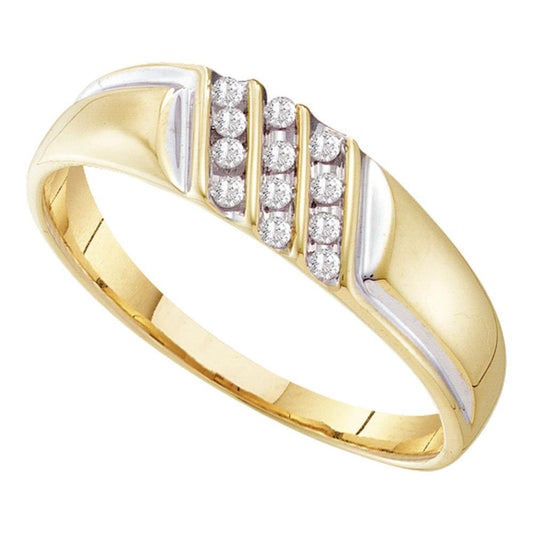 10KT YELLOW GOLD MENS ROUND CHANNEL-SET DIAMOND DIAGONAL TRIPLE ROW WEDDING BAND 1/8 CTTW