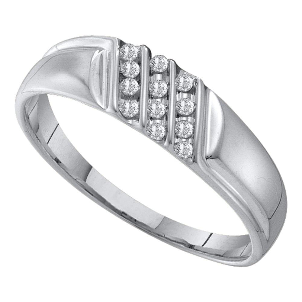 10KT WHITE GOLD MENS ROUND CHANNEL-SET DIAMOND DIAGONAL TRIPLE ROW WEDDING BAND 1/8 CTTW