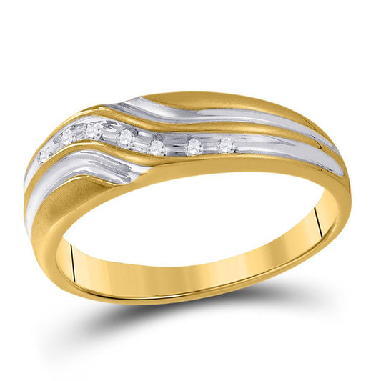 10KT YELLOW GOLD MENS ROUND DIAMOND SINGLE ROW TWO-TONE WEDDING BAND RING 1/20 CTTW