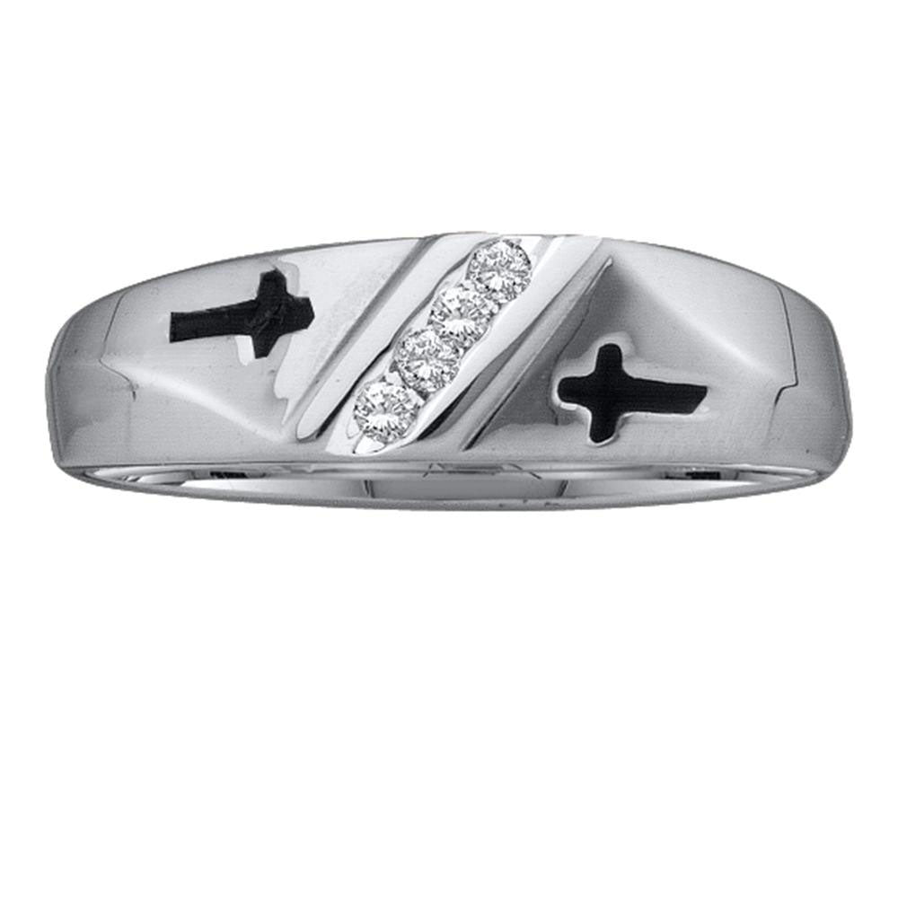 10KT WHITE GOLD MENS ROUND DIAMOND SINGLE ROW CROSS WEDDING BAND 1/20 CTTW