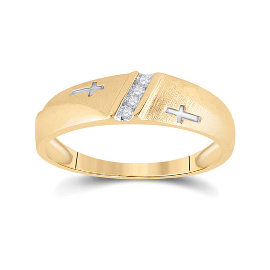 10KT YELLOW GOLD MENS ROUND DIAMOND SINGLE ROW CROSS WEDDING BAND 1/20 CTTW