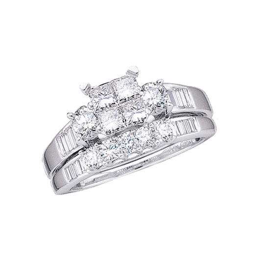 14KT WHITE GOLD PRINCESS DIAMOND BRIDAL WEDDING RING BAND SET 1 CTTW