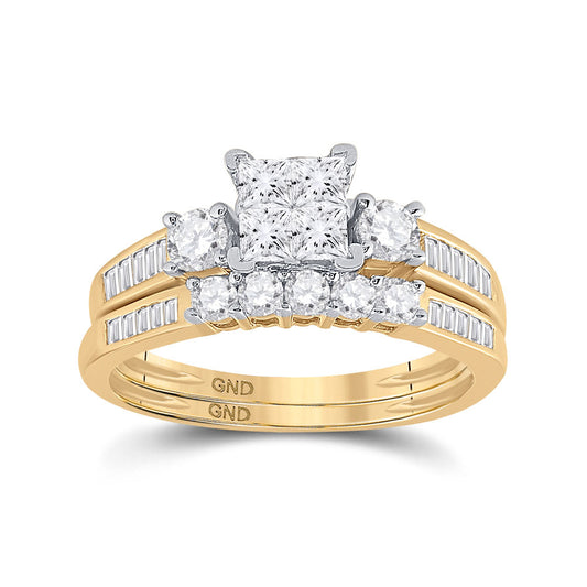 14KT YELLOW GOLD PRINCESS DIAMOND BRIDAL WEDDING RING BAND SET 1 CTTW