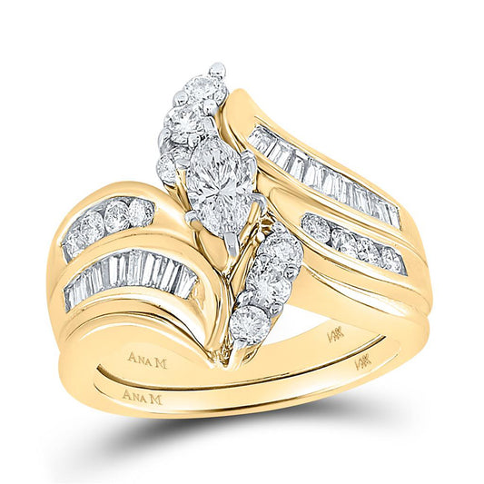 14KT YELLOW GOLD MARQUISE DIAMOND BRIDAL WEDDING RING BAND SET 1-1/2 CTTW