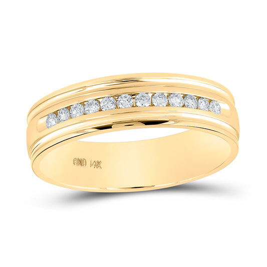 14KT YELLOW GOLD MENS ROUND CHANNEL-SET DIAMOND RIDGED EDGE WEDDING BAND 1/4 CTTW