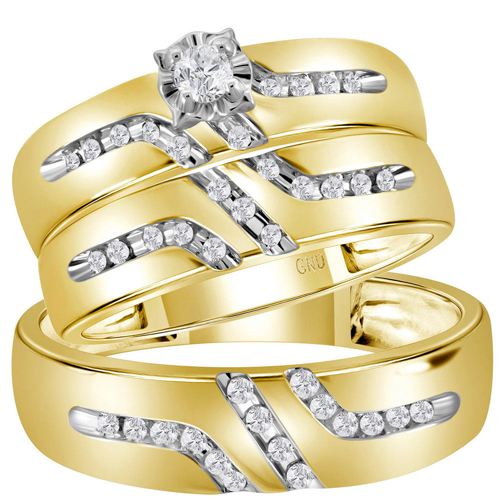 14KT YELLOW GOLD HIS HERS ROUND DIAMOND SOLITAIRE MATCHING WEDDING SET 1/4 CTTW