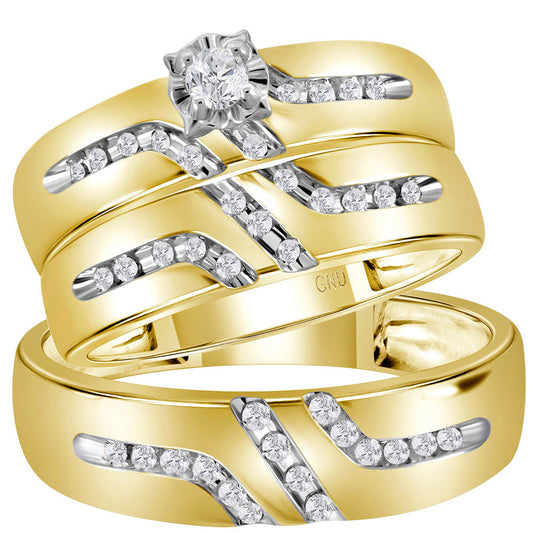 14KT YELLOW GOLD HIS HERS ROUND DIAMOND SOLITAIRE MATCHING WEDDING SET 1/4 CTTW