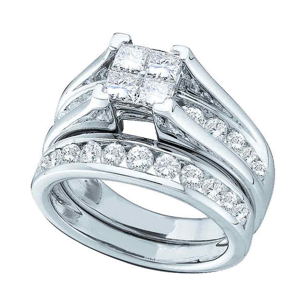 14KT WHITE GOLD PRINCESS DIAMOND BRIDAL WEDDING RING BAND SET 2 CTTW