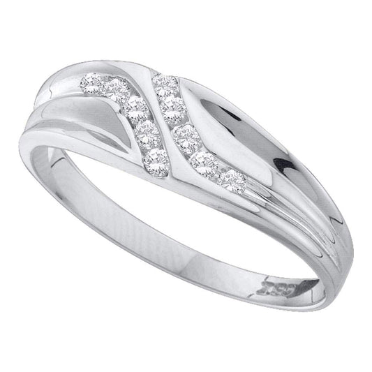 14KT WHITE GOLD MENS ROUND DIAMOND DOUBLE ROW SLENDER WEDDING BAND 1/8 CTTW